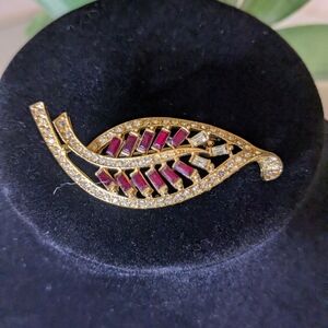 Vintage 60s Piscitelli Signed Gold and Red Leaf Brooch with Crystal Accents